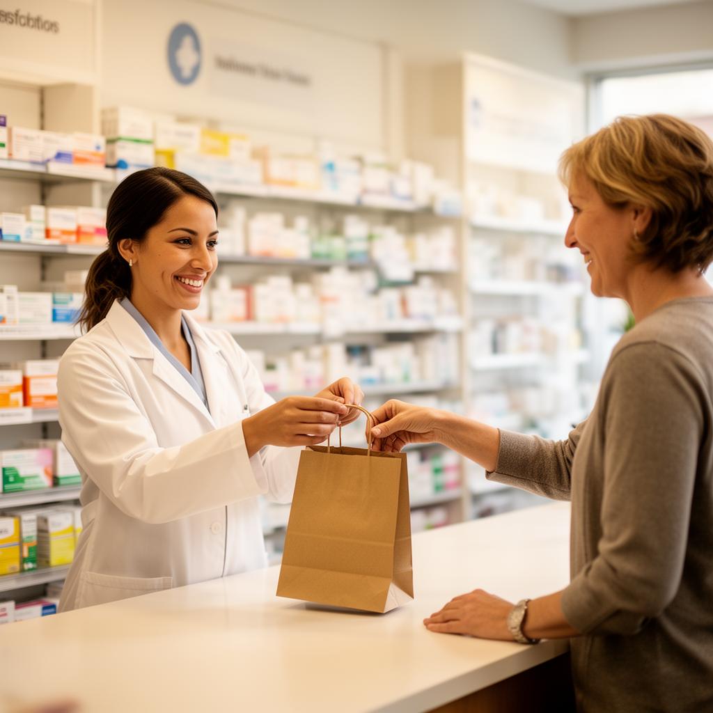 Friendly pharmacist handing a prescription to a patient at the counter